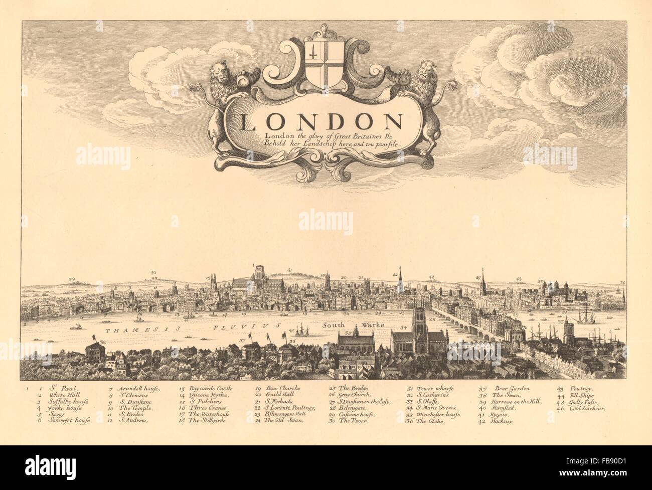 View of LONDON in 1657 from HOLLAR. London Bridge. Globe Theatre, 1834 old map