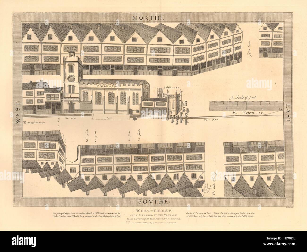 Westcheap in 1585. St Michael-le-Querne. Paternoster Row, 1834 map