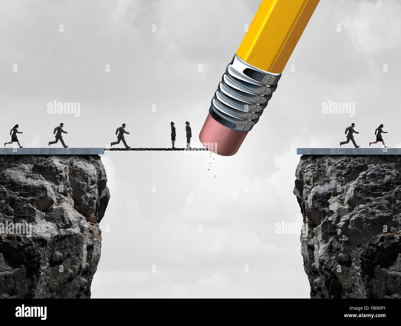 Missed opportunity concept and too late symbol as slow  and delayed businesspeople stuck on a bridge because an eraser erased the path with other quick employees continuing the race over the cliff as a business metaphor. Stock Photo