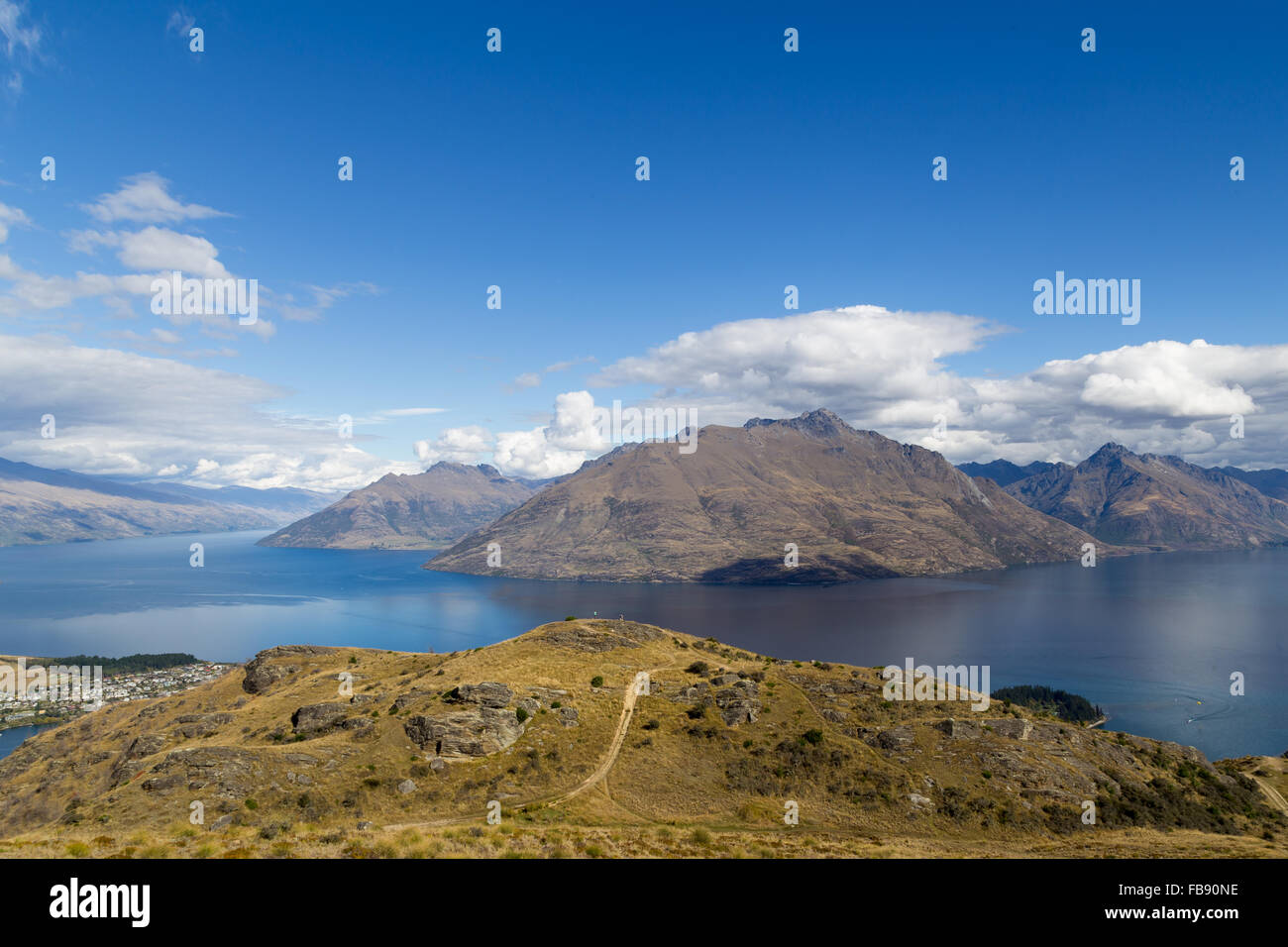 View of the mountains and Lake Wakatipu from Queenstown Hill, New Zealand. Stock Photo