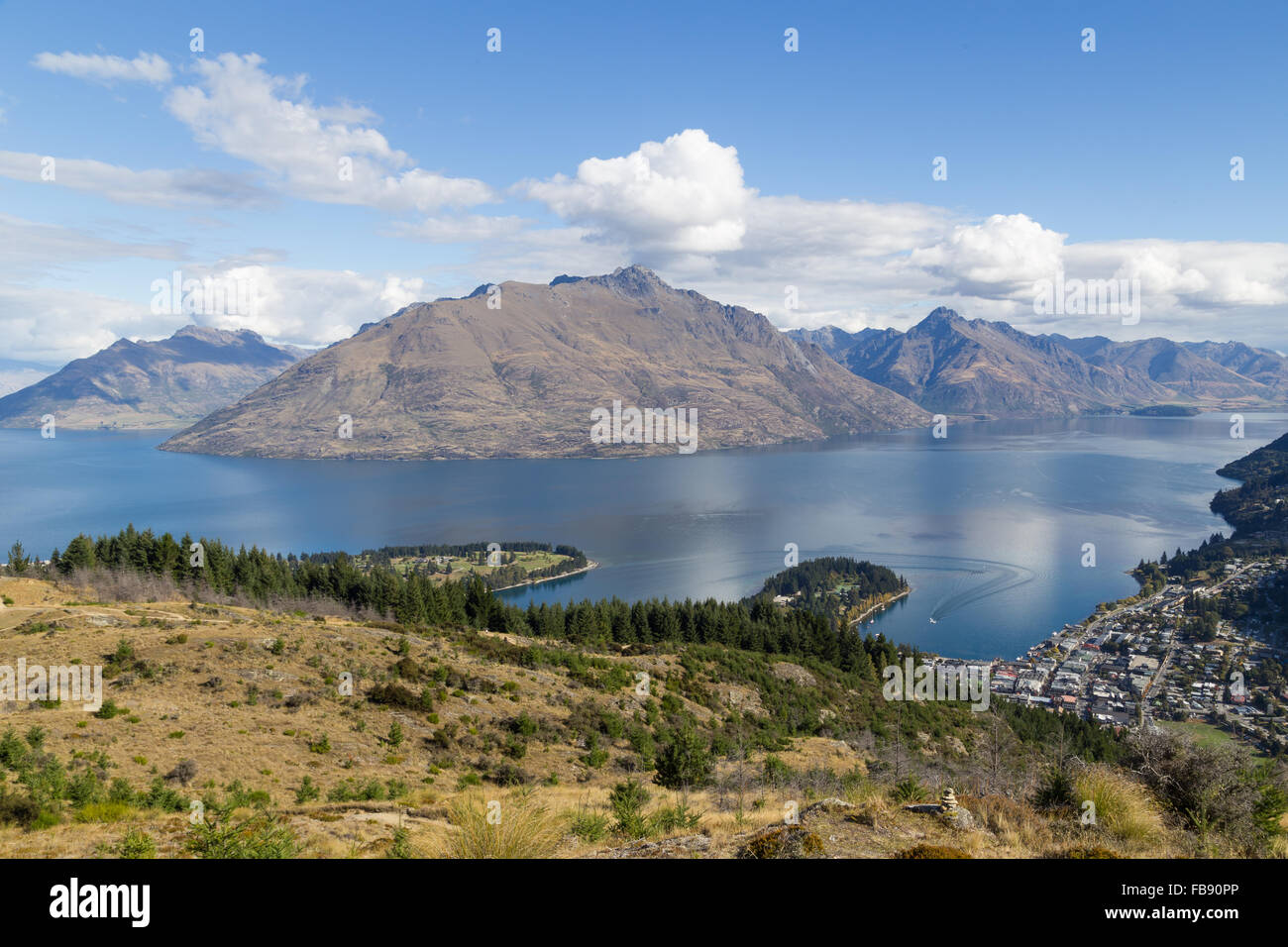 View of the mountains and Lake Wakatipu from Queenstown Hill, New Zealand. Stock Photo