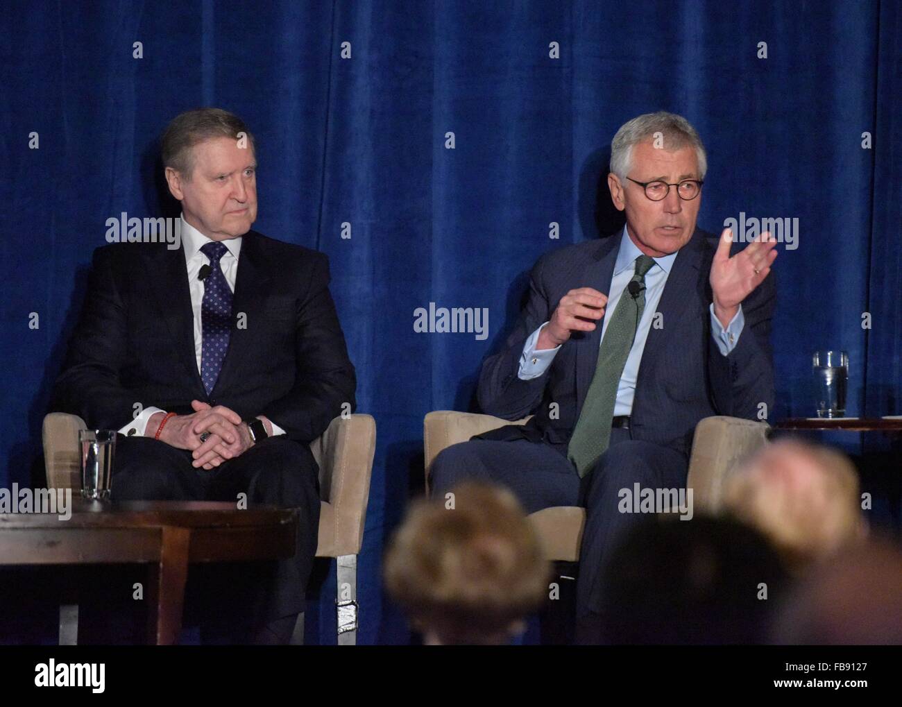 Washington, DC, USA. 11th Jan, 2016. Former U.S. defense secretary Chuck Hagel(R) speaks during an event held by National Committee on U.S.-China Relations in Washington, DC, the United States, Jan. 11, 2016. Four former U.S. defense secretaries, Chuck Hagel, William Cohen, William Perry, and Harold Brown, on Monday encouraged their country and China to boost military exchanges to enhance mutual trust. Credit:  Bao Dandan/Xinhua/Alamy Live News Stock Photo