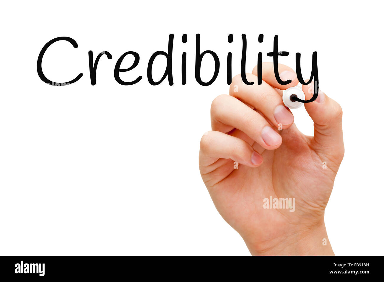 Hand writing Credibility with black marker on transparent wipe board. Stock Photo