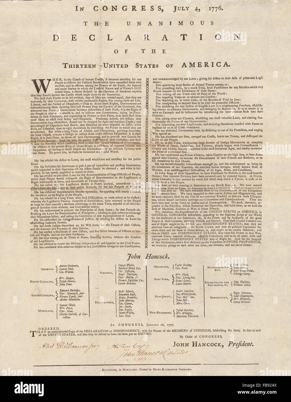 ssecond printing of the declaration of independence
