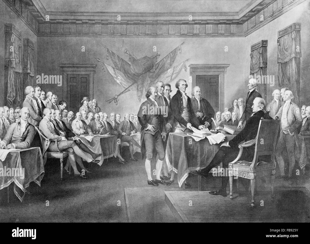 The signing of the United States Declaration of Independence in 1776 - engraving from a painting  by John Trumbull Stock Photo