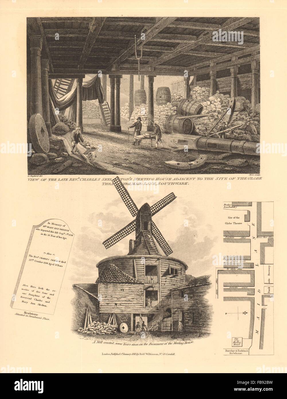 BANKSIDE. Rev Skelton's Meeting House, Maid Lane/Park Street. Windmill, 1834 map Stock Photo