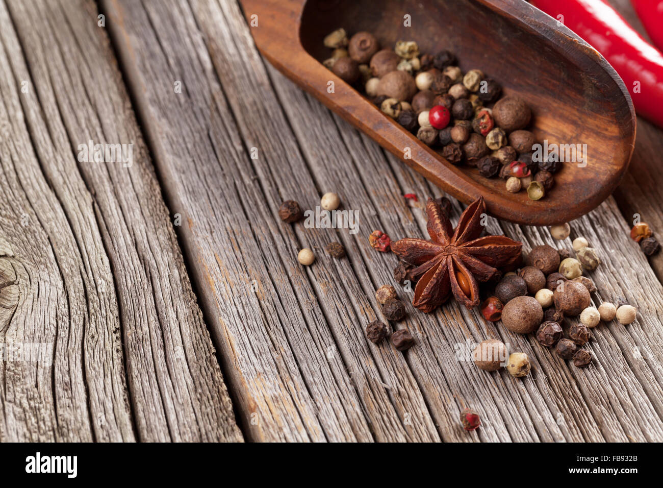 Spices on wooden table. View with copy space Stock Photo