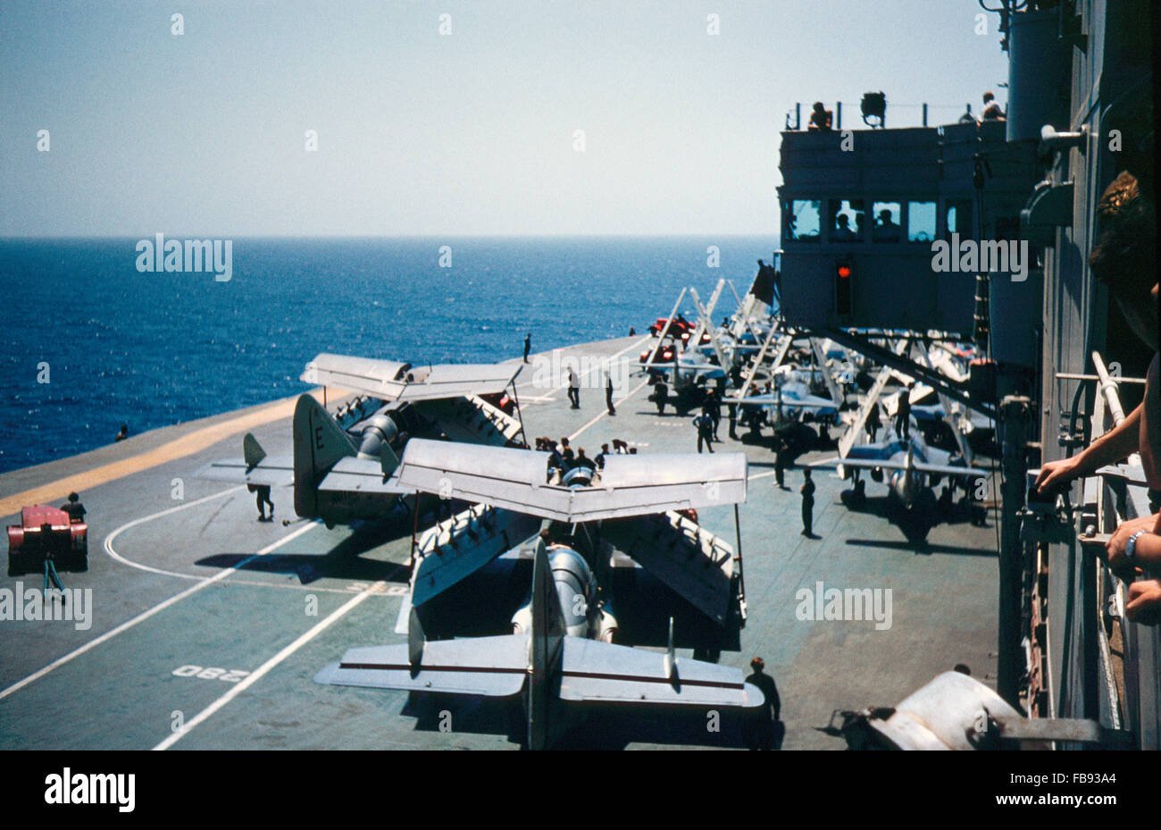 HMS Eagle with aircraft parked on deck Stock Photo