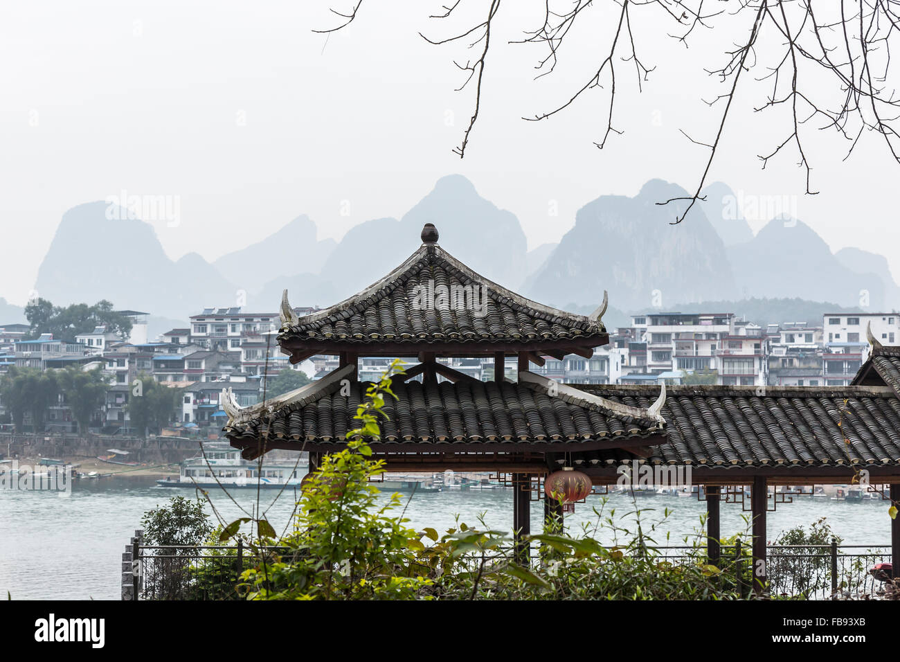 View of Li River, mountains and the architecture around it Stock Photo