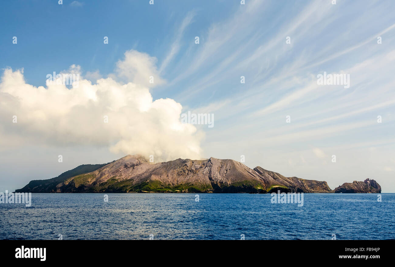 smoke coming from the New Zealand most active volcano - White Island - off the shore of Bay of Plenty Stock Photo