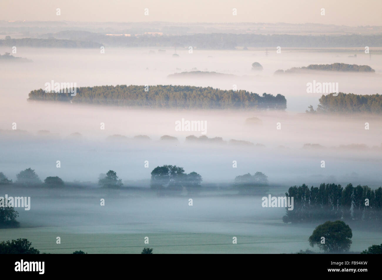 River Ancholme Valley, North Lincolnshire, mist, trees above mist in valley, Stock Photo