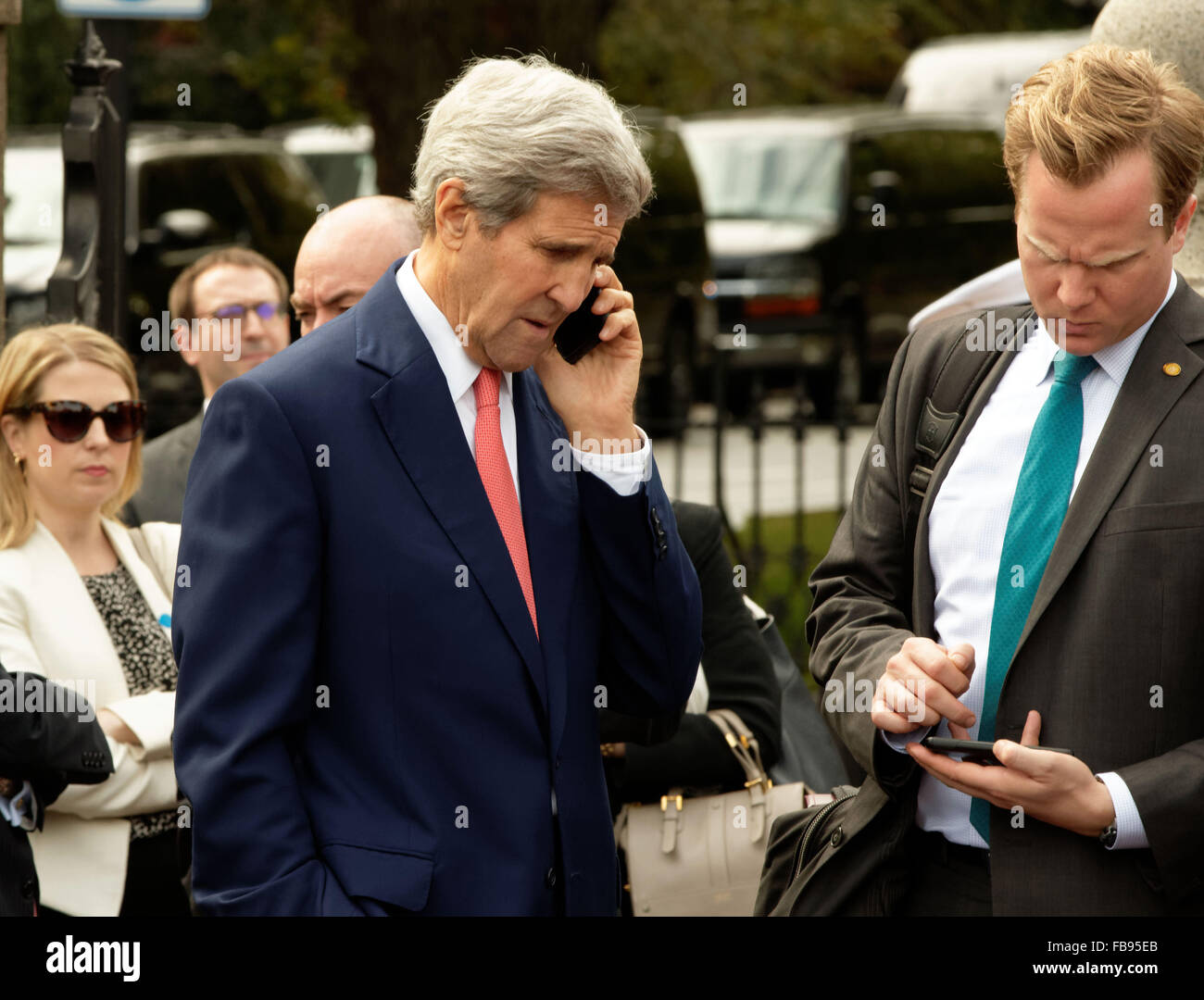 United States' Secretary of State John Kerry speaks on his cell phone in Boston, Mass. December 2015. photo by Trevor Collens Stock Photo