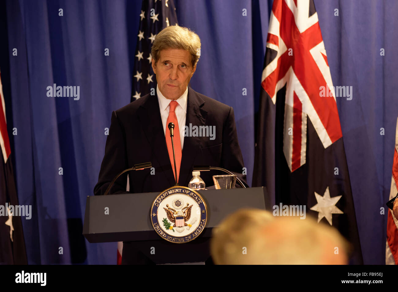 United States' Secretary of State John Kerry at a press conference in Boston, Ma. December 2015. photo by Trevor Collens Stock Photo