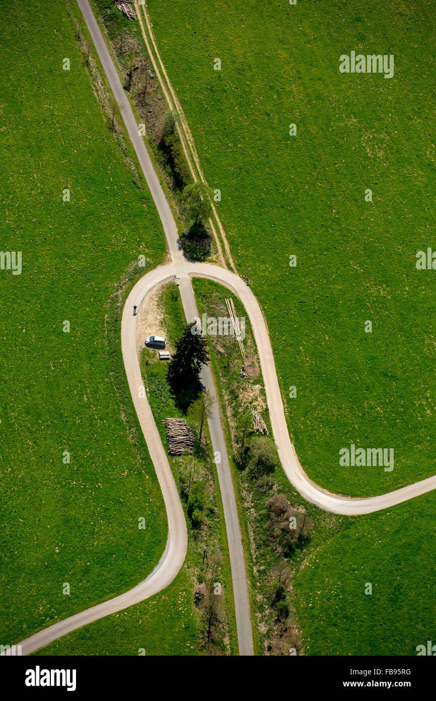 Aerial view, detour, arc, curve, Salweytal, road sheet, Eslohe, Sauerland, HSK, North Rhine-Westphalia, Germany, Europe, Aerial Stock Photo