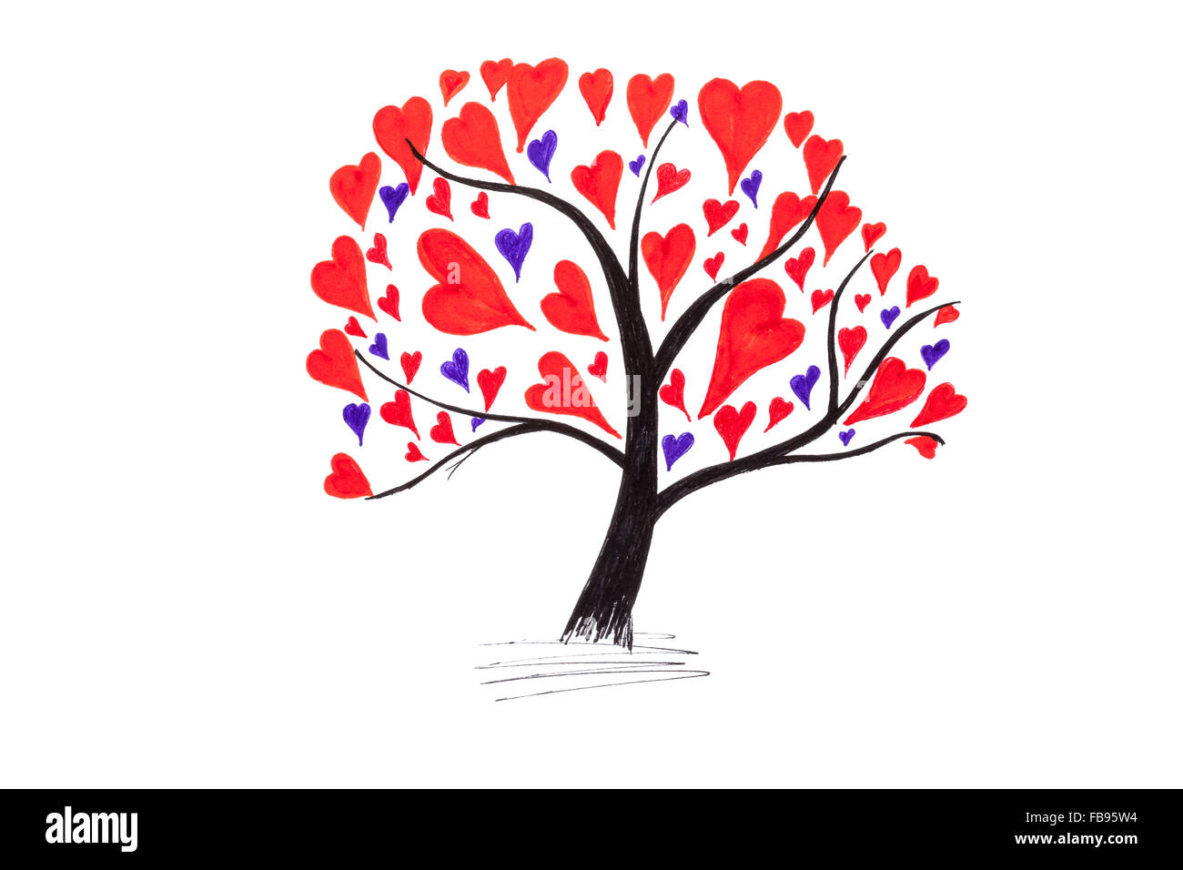 Handmade Valentine card with ink drawing of tree with hearts Stock Photo