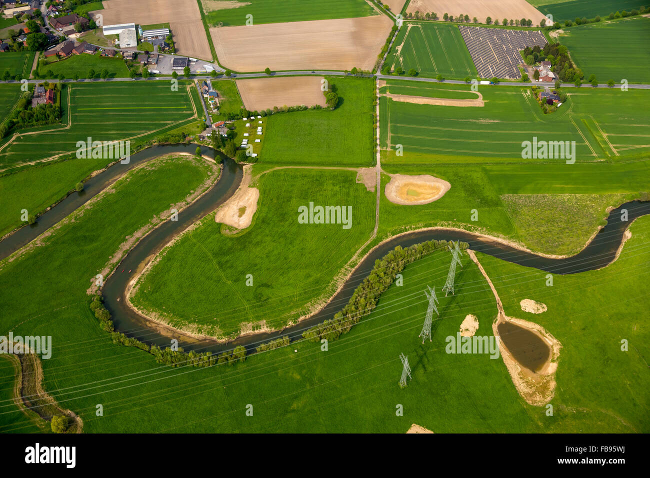 Aerial view, in arcs flowing river Lippe, The Lippe restoration of Lippeauen in the region Hamm