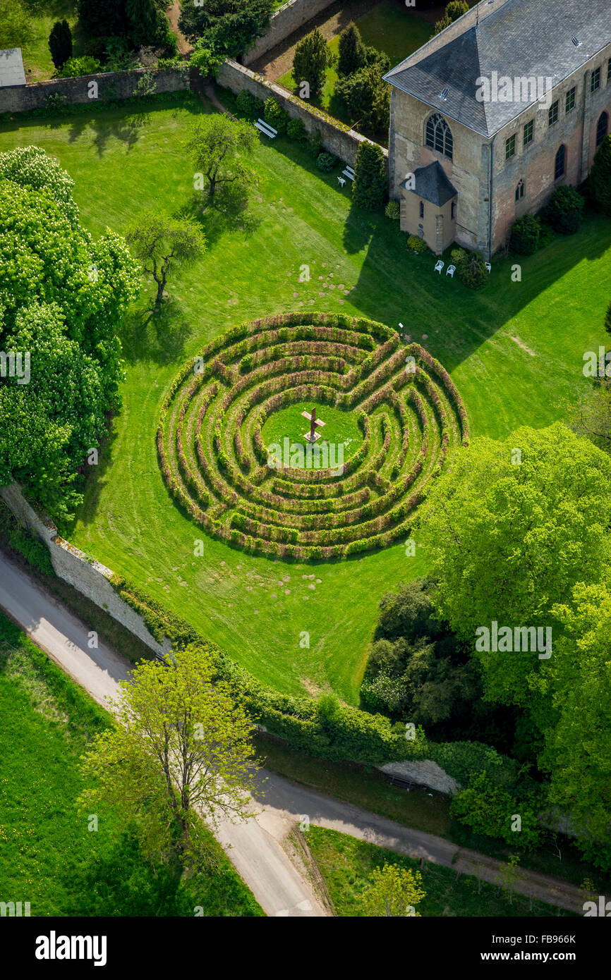Aerial view, circular labyrinth am Steinfeld Monastery, in Kall, Benedictine abbey, Kall, the Eifel, North Rhine-Westphalia, Ger Stock Photo
