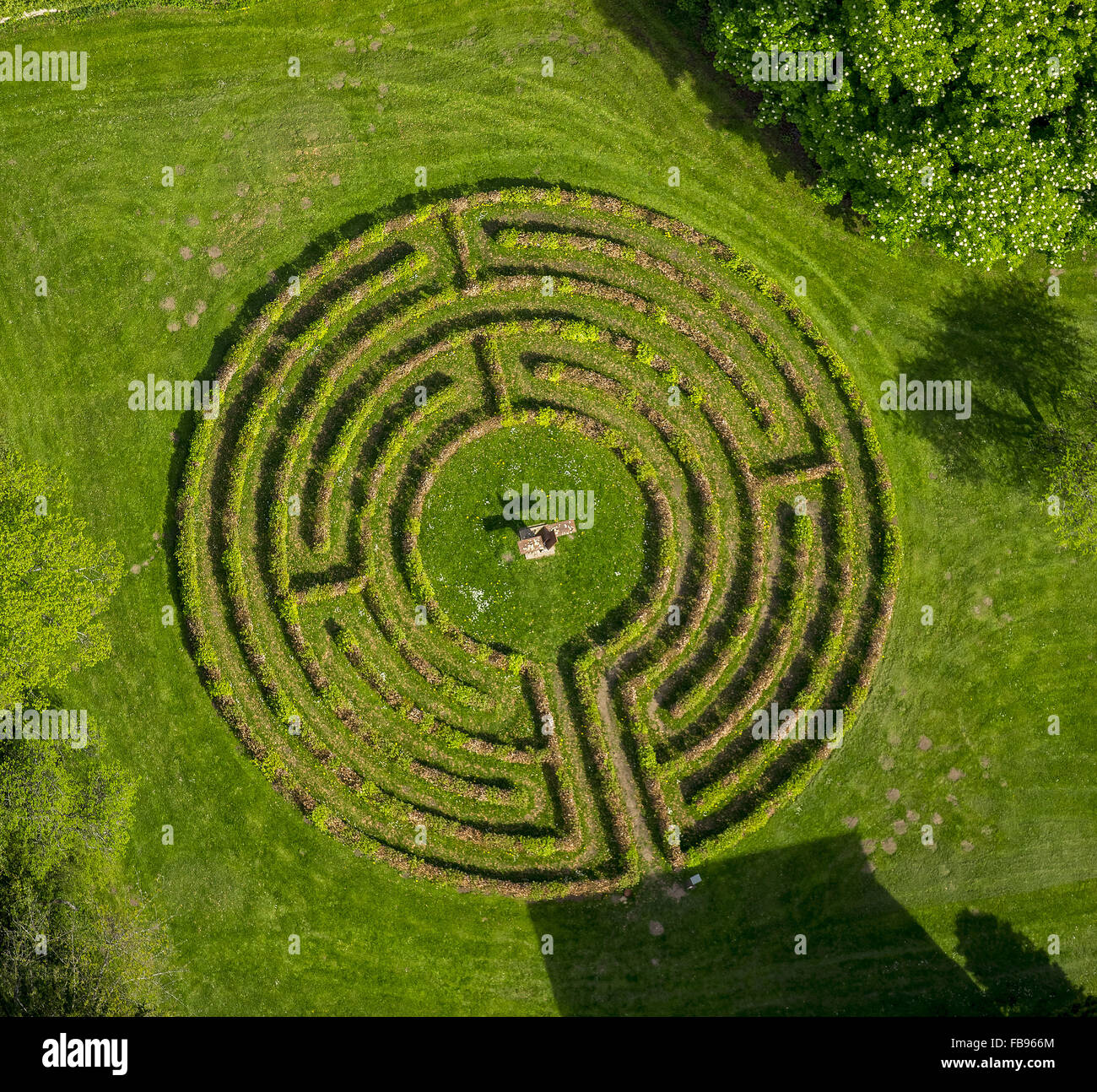 Aerial view, circular labyrinth am Steinfeld Monastery, in Kall