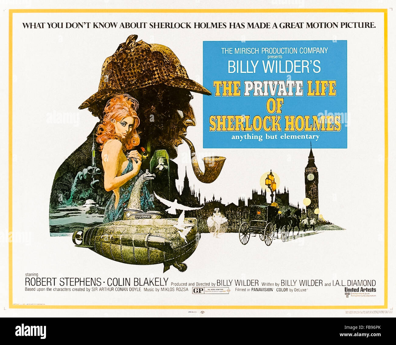 Theatrical Poster for 'The Private Life of Sherlock Holmes' 1970 film directed by Billy Wilder starring Robert Stephens as Sherlock Holmes, Colin Blakely as Dr. Watson and Geneviève Page as Gabrielle. See description for more information Stock Photo