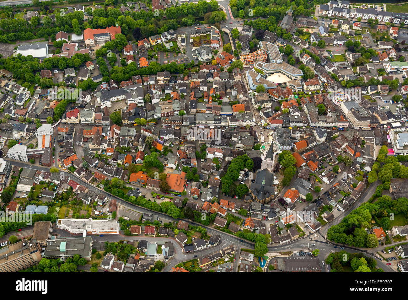 Aerial view, Mendener Pentecost fair 2015 Menden downtown, Sauerland, North Rhine-Westphalia, Germany, Europe, Aerial view, Stock Photo