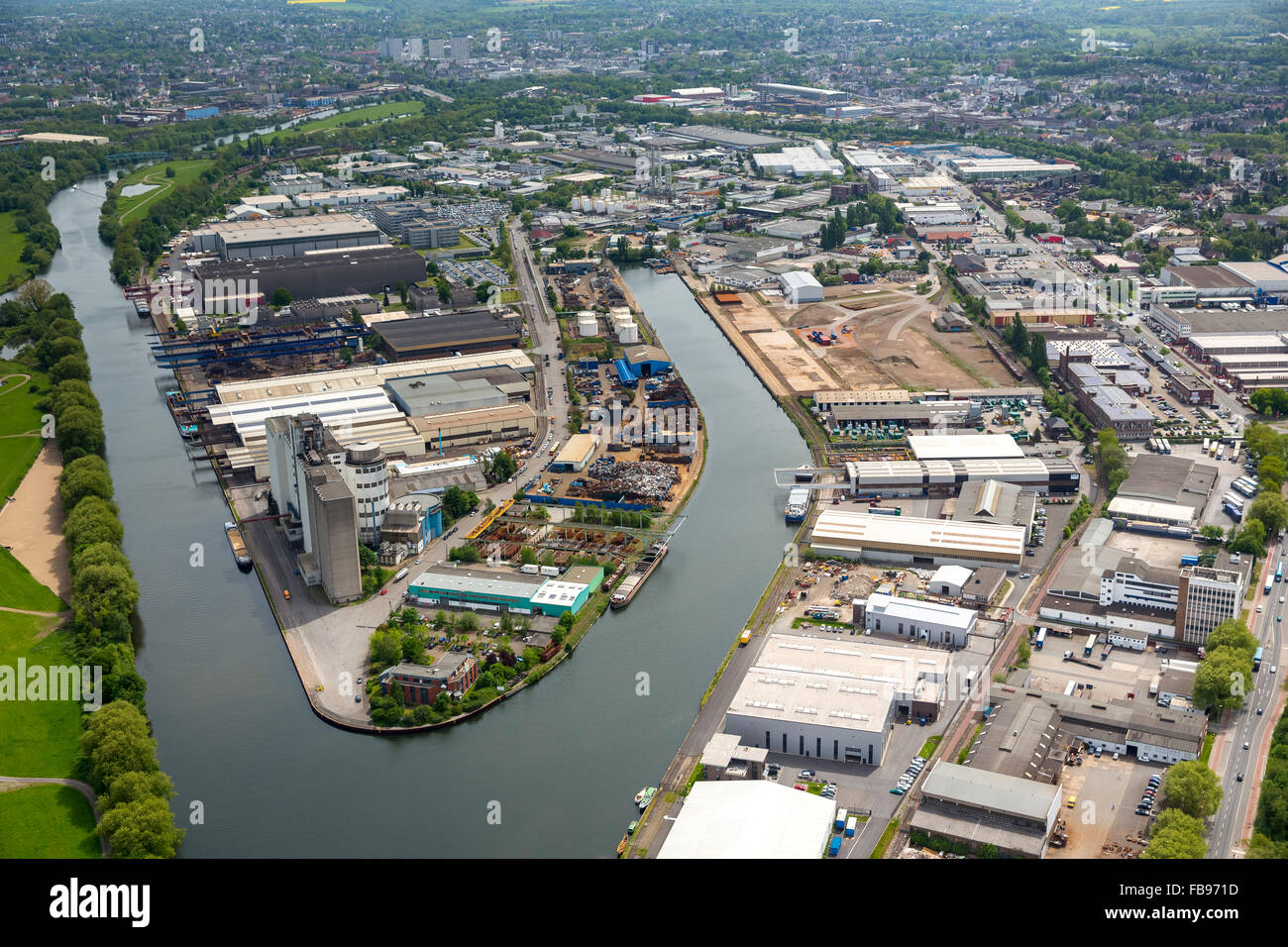Aerial view, The Ruhr, Mülheim Ruhr harbor with brownfield site at the Fischhausstrasse, Mülheim an der Ruhr, Ruhr Area, Europe, Stock Photo