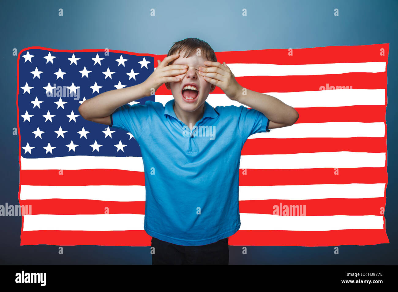 adolescent the boy screaming shut her face American flag USA Stock Photo