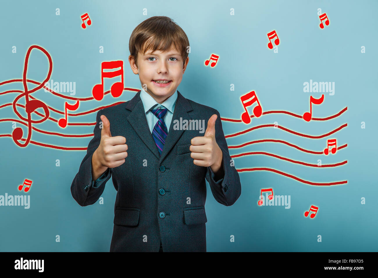 business style Teen boy showing sign yes Music notes sketch prev Stock Photo