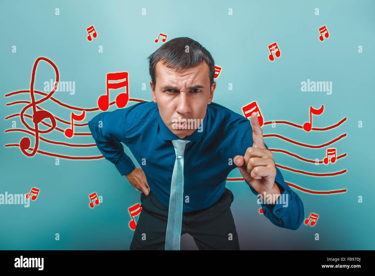 businessman a man frowned warns music notes sketch prevent sound Stock Photo