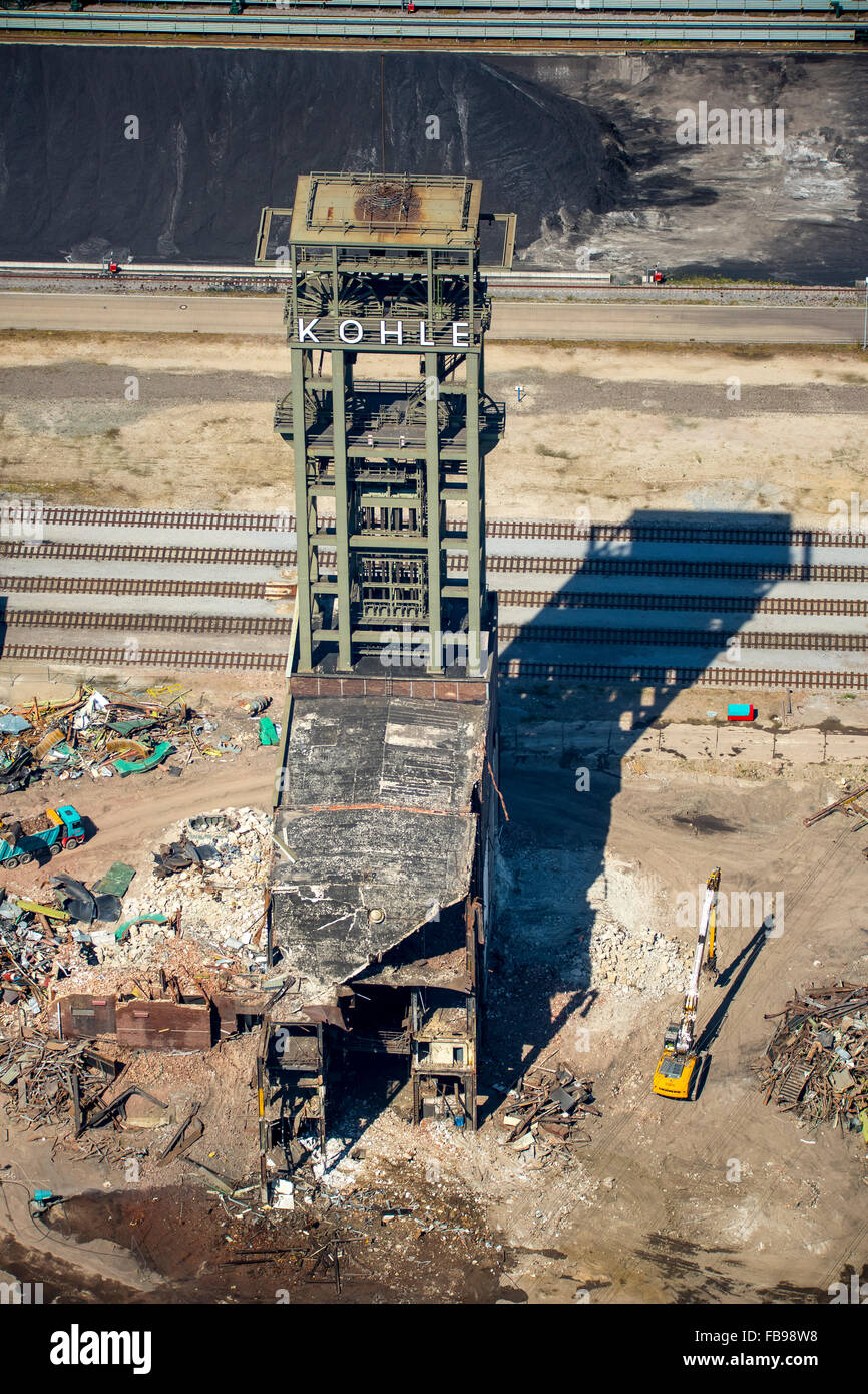 Aerial view, last relic of the era mine Walsum, demolition colliery tower Walsum, Ruhr coal, coal lettering, Duisburg, Ruhr, Stock Photo
