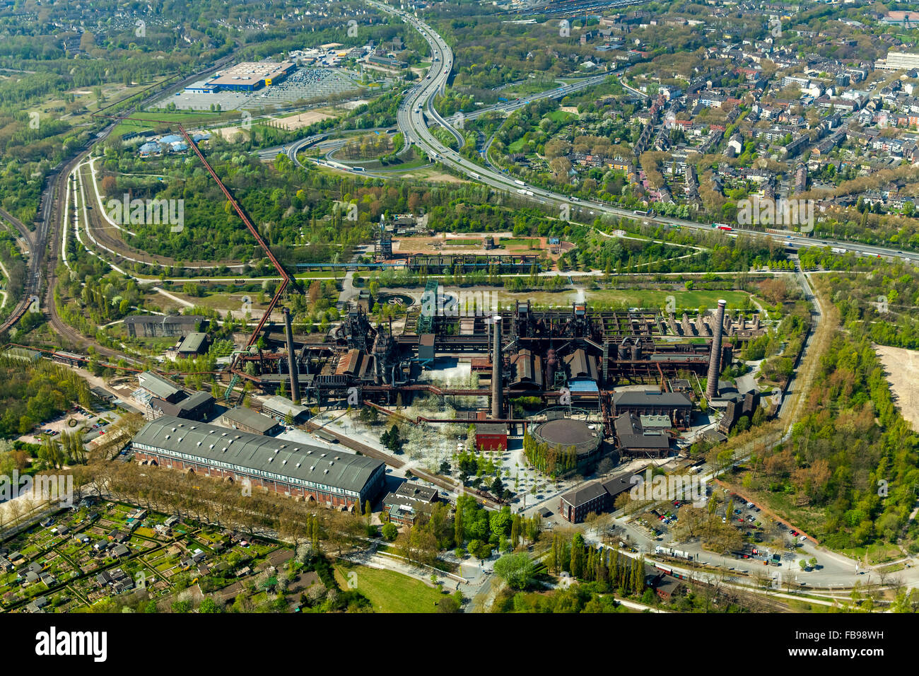 Aerial view, Landschaftspark Duisburg-Nord Emscherstraße, Duisburg, Ruhr, North Rhine Westphalia, Germany, Europe, Aerial view, Stock Photo