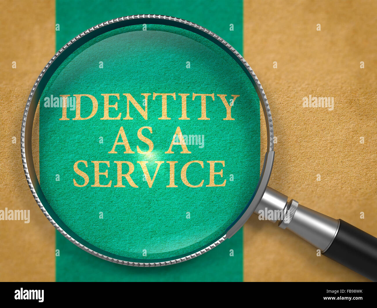 Identity-as-a-Service through Loupe on Old Paper with Blue Vertical Line Background. Stock Photo