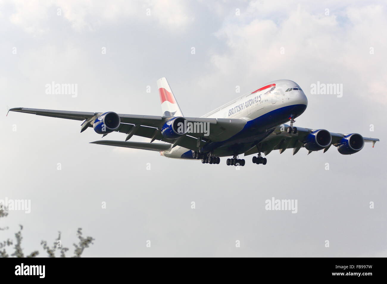 British Airways Airbus A380-800 G-XLEC landing at Heathrow Stock Photo ...