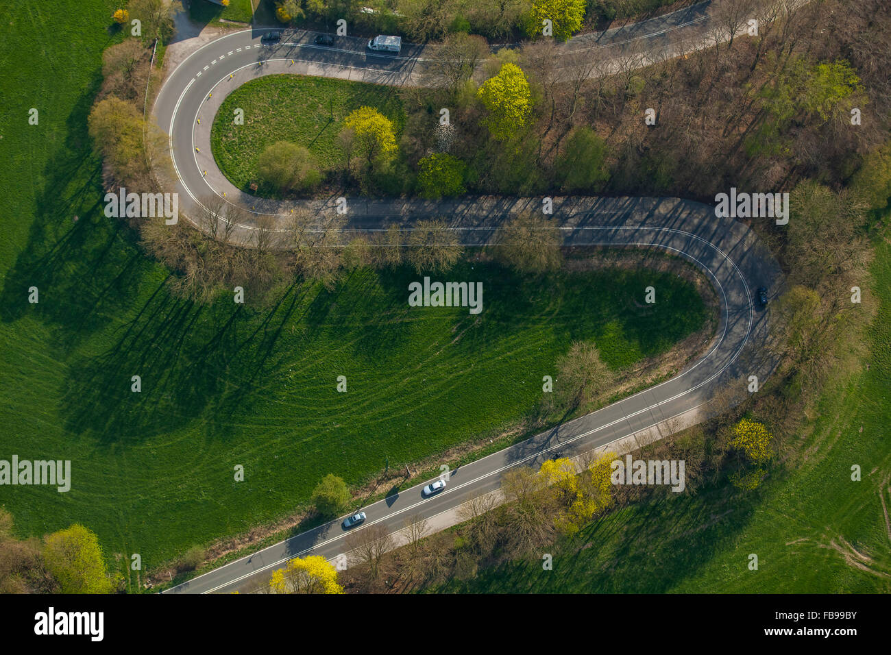 Aerial, S-curves Kuhlendahler road, hairpin bends, Velbert, Ruhr, Velbert-Neviges, North Rhine Westphalia, Germany, Europe, Stock Photo