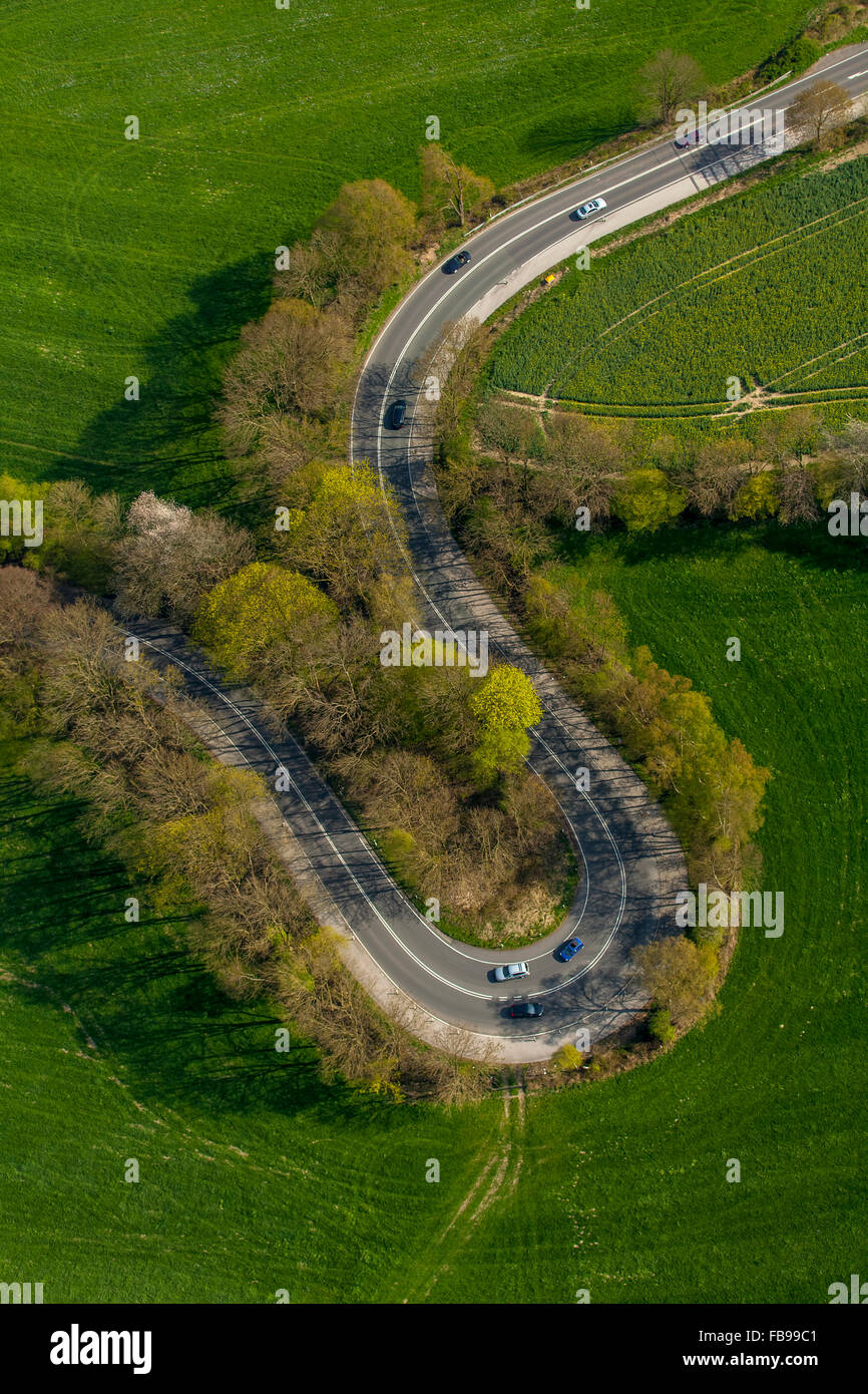 Aerial, S-curves Kuhlendahler road, hairpin bends, Velbert, Ruhr, Velbert-Neviges, North Rhine Westphalia, Germany, Europe, Stock Photo