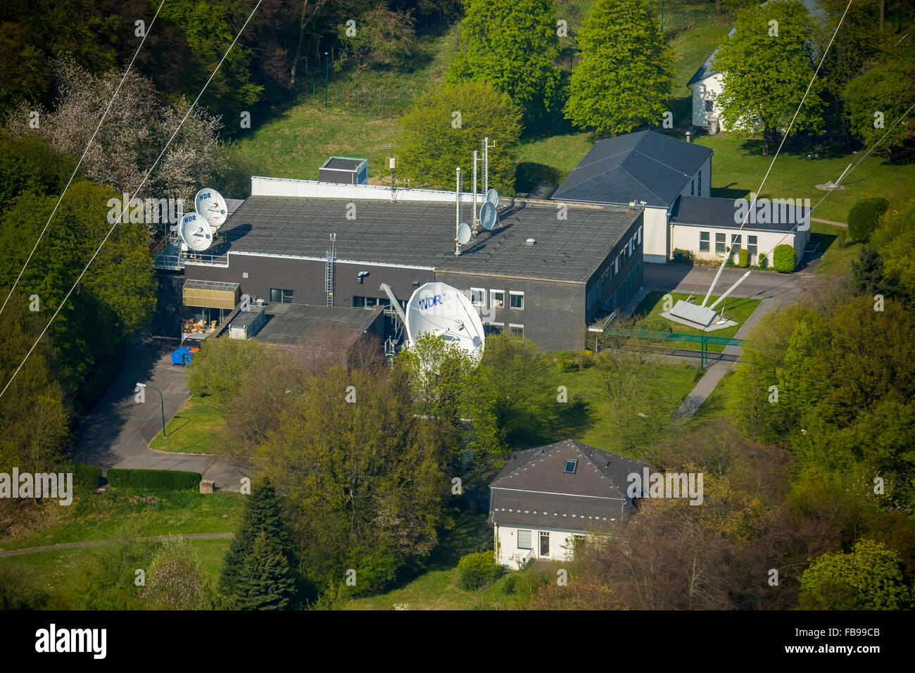 Aerial view, Technical Center on Lange Berger transmitter with parabolic antenna, Velbert, Ruhr, Velbert-Langenberg, Ruhr area, Stock Photo