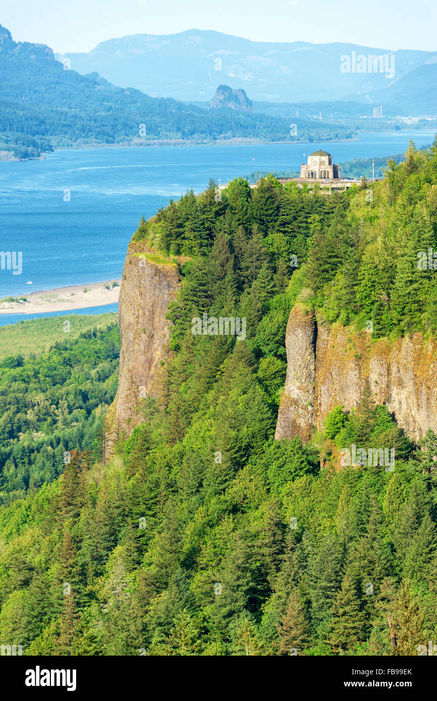 Vertical view of Vista House at Crown Point on the Oregon side of the Columbia River Gorge Stock Photo