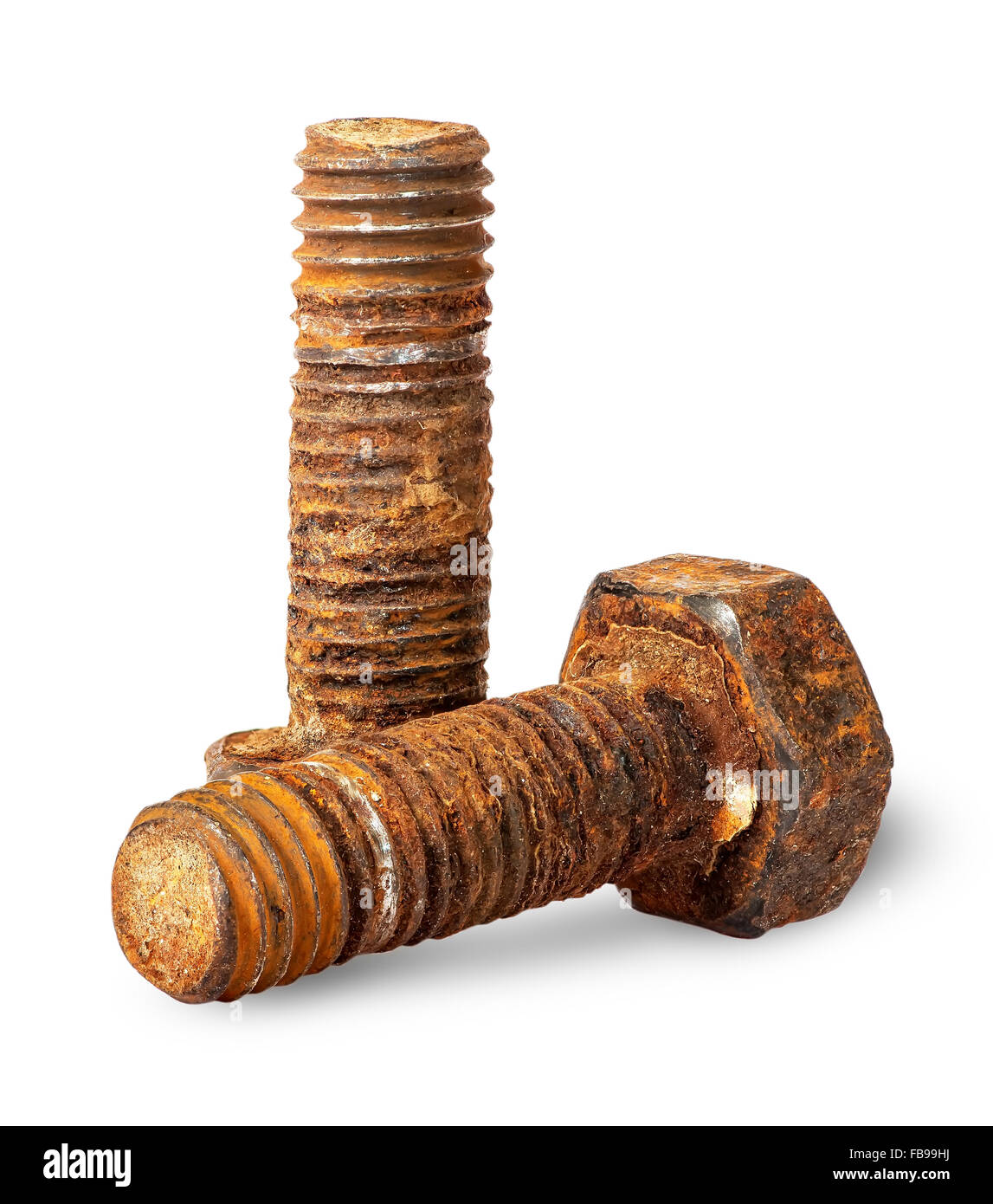 Two old rusty bolts of each other isolated on white background Stock Photo