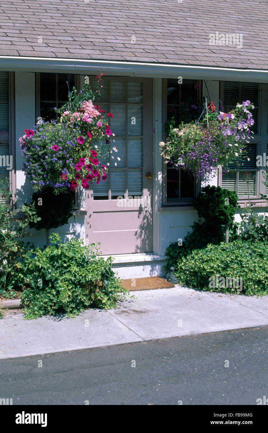Colorful summer annuals in hanging baskets either side of the front