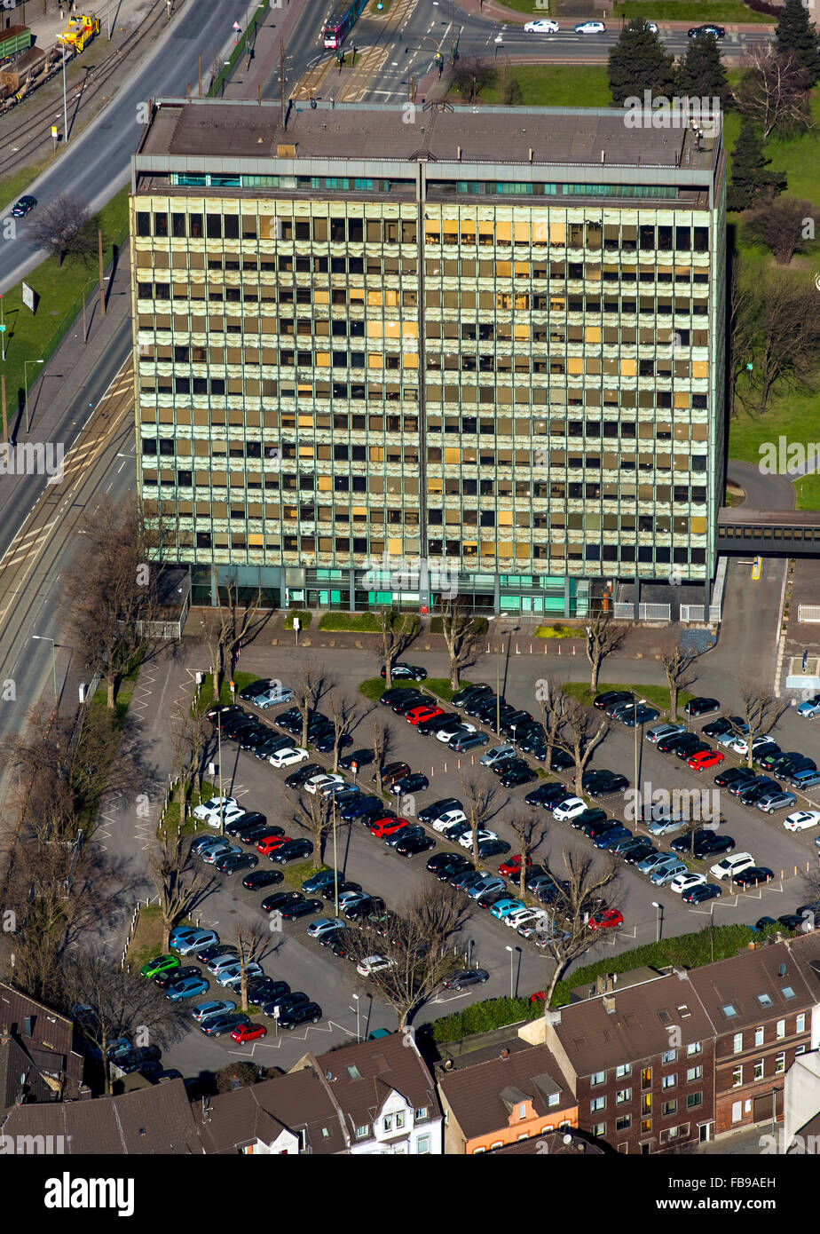 Aerial view, headquarters of ThyssenKrupp Steel in Duisburg-Bruckhausen, Duisburg, Ruhr, Nordrhein-Westfalen, Germany, Europe, Stock Photo