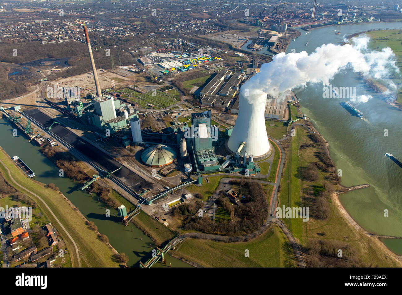 Aerial view, Kraftwerk Walsum with cooling tower and clouds of smoke,The Rhine,  STEAG power plant VI, Walsum, coal power plant, Stock Photo