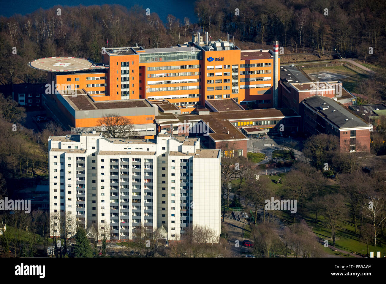 Aerial view, BGU Casualty Hospital Duisburg, Duisburg, Ruhr area, North Rhine Westphalia, Germany, Europe, Aerial view, Stock Photo