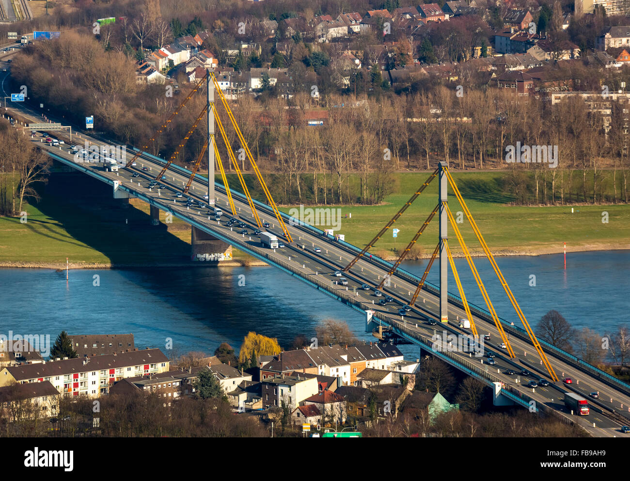 Aerial view, jam on the A40 bridge, Rhine Bridge, closed to heavy traffic, bridge damage and bridge damage, Duisburg, Ruhr area, Stock Photo