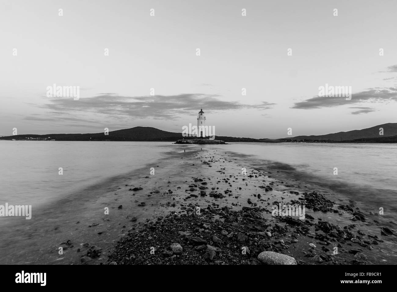 Black and white photo of Vladivostok lighthouse, Russia Stock Photo