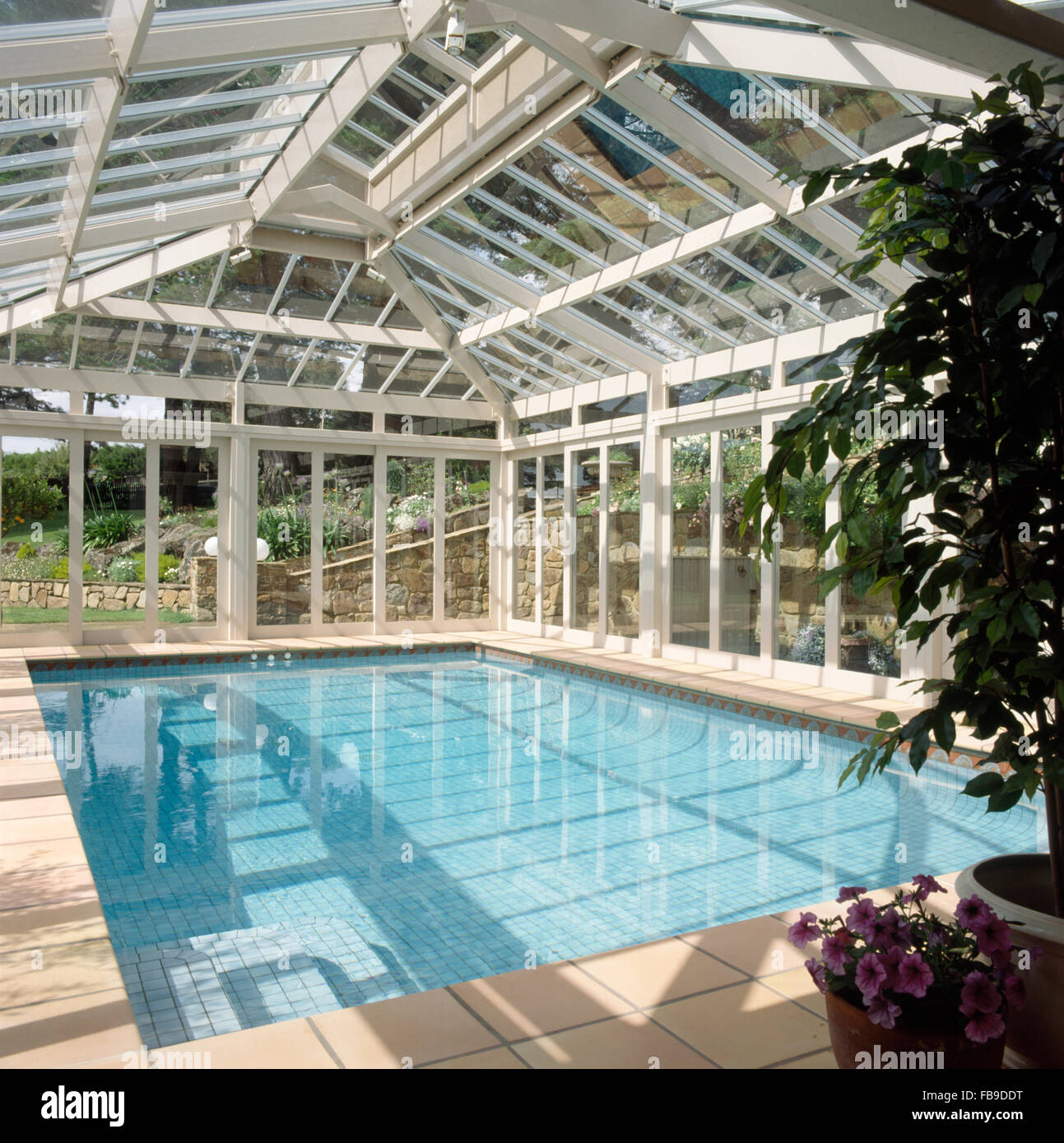 Turquoise indoor swimming pool in glass building Stock Photo