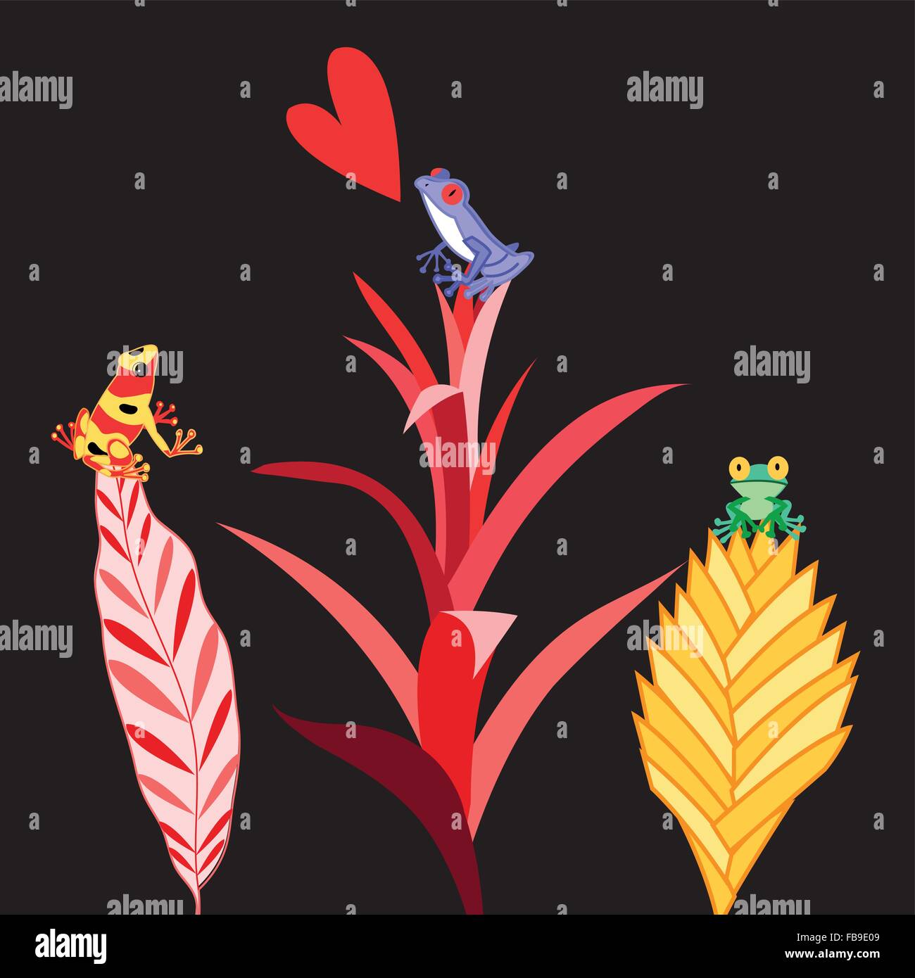 Vector illustration of a beautiful multi-colored frogs in love sitting on the plants Stock Vector