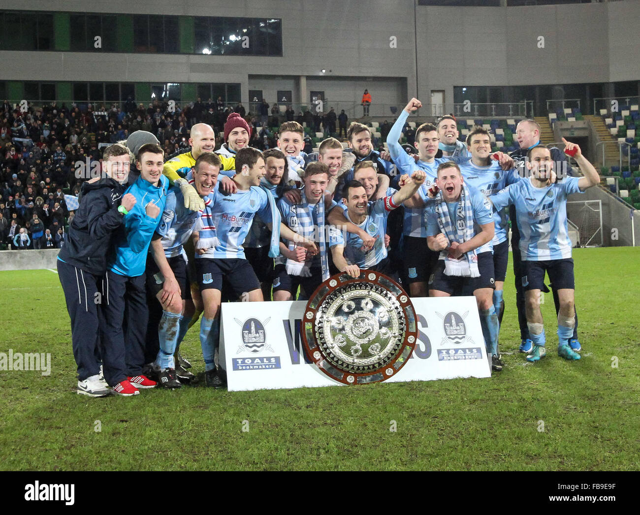 Belfast, UK. 12th January, 2016. Linfield 2 Ballymena United 3. The 2016 Shield Winners, Ballymena United celebrate. David Hunter/Alamy Live News Stock Photo