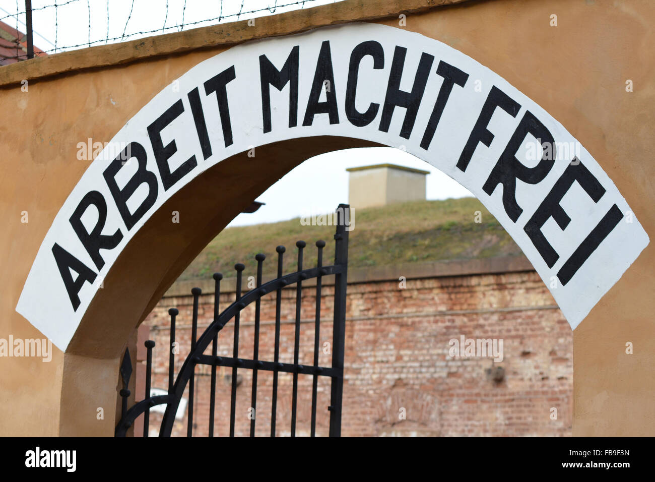 Fact or Fiction?  The famous sign of the Nazis at the entrance to their concentration camps - arbeit macht frei Stock Photo