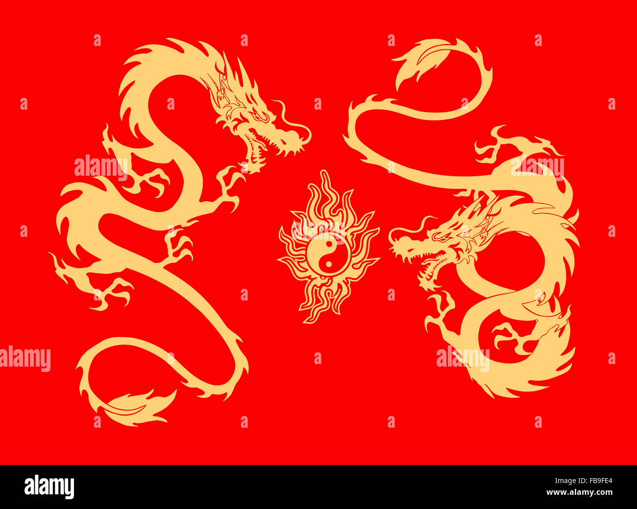 illustration of a two dragon and yinyang symbol tattoo isolated on red background Stock Photo