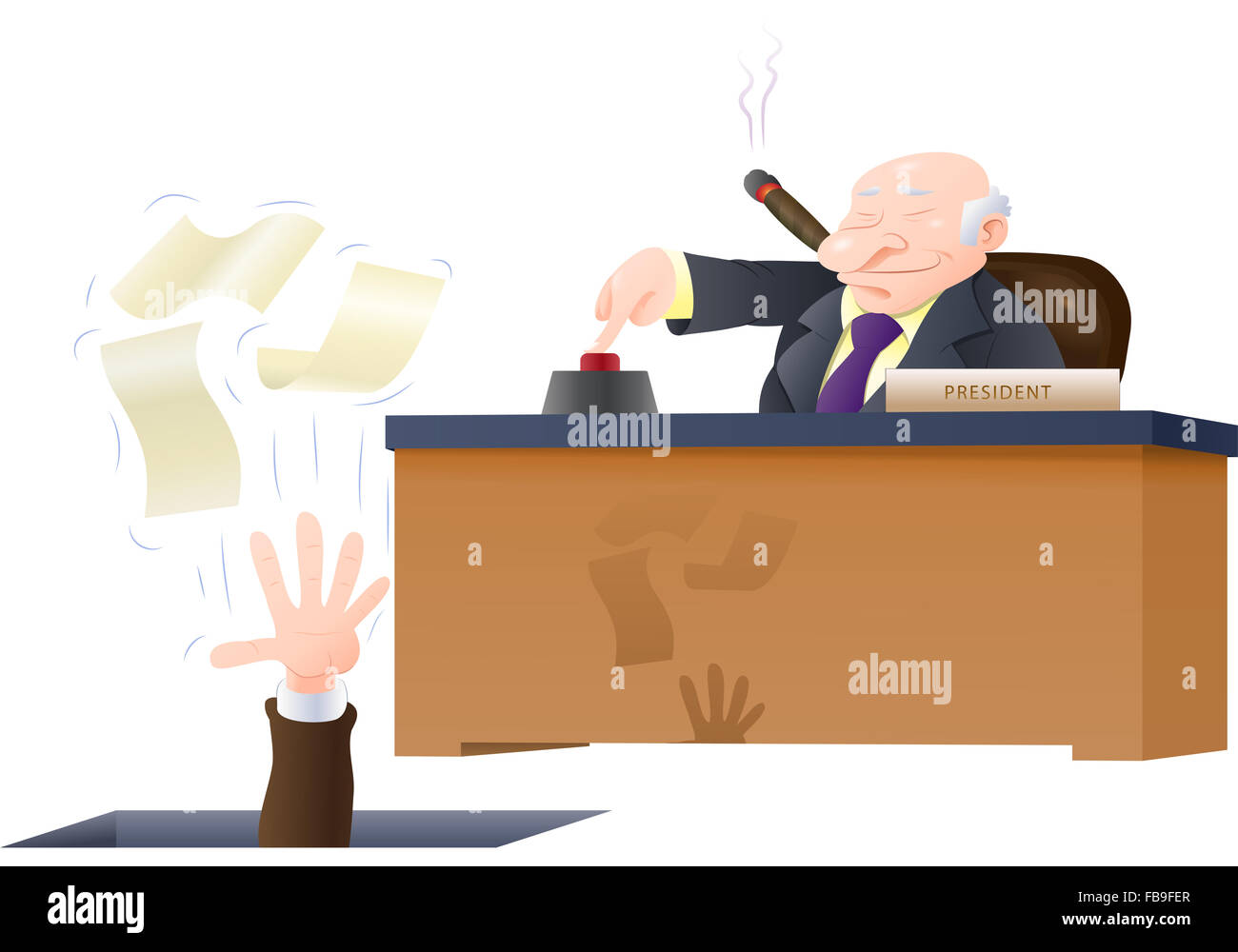 illustration of a boss fired his corporate employee loose holding his papers isolated on white Stock Photo