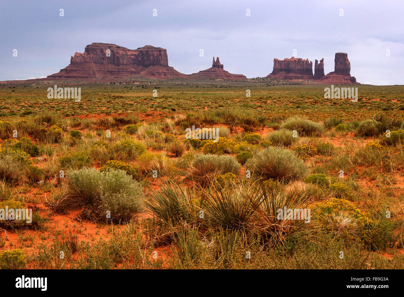 Rock formations, Brigham's Tomb, King on the Throne and Stagecoach, Monument Valley Navajo Tribal Park, Utah, USA Stock Photo